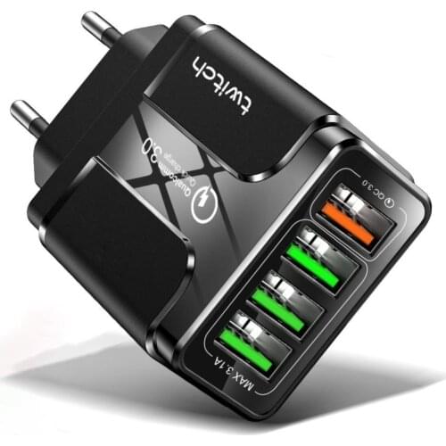 Twitch 18W QC 3.0 4 USB Ports EU/US/UK Plug Fast Charging Charger for Phone Suitable For Home Office And Travel