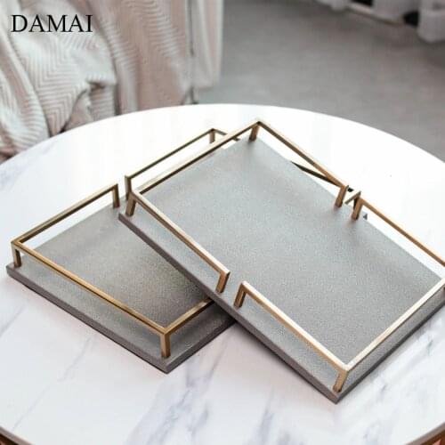 European Modern Leather Trays Decorative Gold Inlay Dressing Table Jewelry Cosmetic Display Tray Bathroom Decoration Accessories