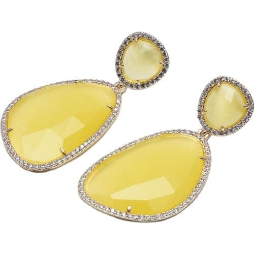 GuaiGuai Jewelry Yellow Cats'eye Stone CZ Pave Gold Color Plated Dangle Stud Earrings For Women