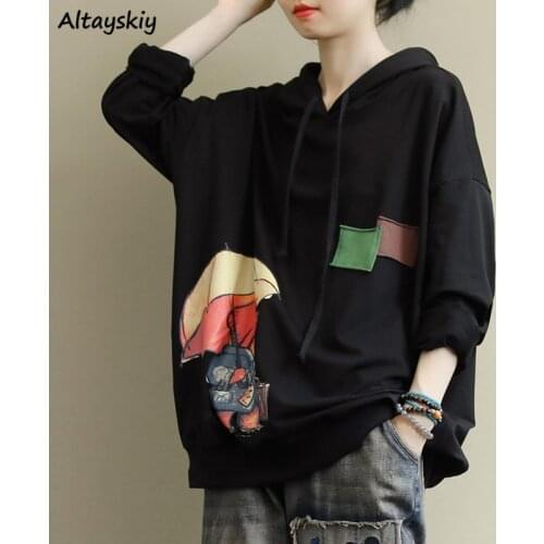 With Hat Hoodies Women Big Size 4XL Vintage Trendy Ladies Sweatshirts Harajuku Patch Designs Daily Chic All-match Womens Hoodie