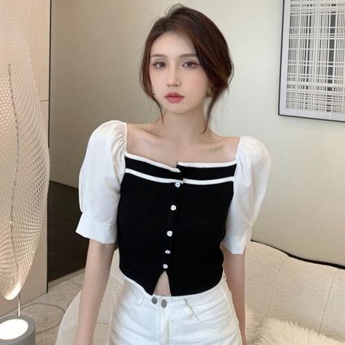 New Women Elegant Puff Sleeve Patchwork Knitted Casual Smock Blouse Ladies Chic Square Collar Shirt tops