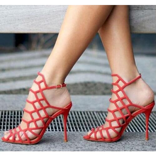 Dipsloot Red Black Nude Suede Laser Hollow Out Cage Sandals Woman Stiletto Heel Sexy Party High Heel Dress Sandals Shoes