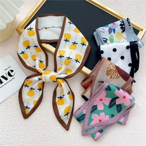 Girls Cute Silk Scarf Fashion Sweet Satin Print Small Head Neck scarf Women Headscarf Kerchief Female Bandana Shawl Accessories
