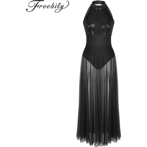 High Quality Halter Sequined Mesh maxi dress for Women Adult Ballet and Lyrical Contemporary Dancing Stage Performance Costumes