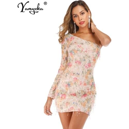 Sexy tassel print Sequins summer Midi dress women one shoulder Backless wrap elegant bodycon vintage club party dresses vestidos