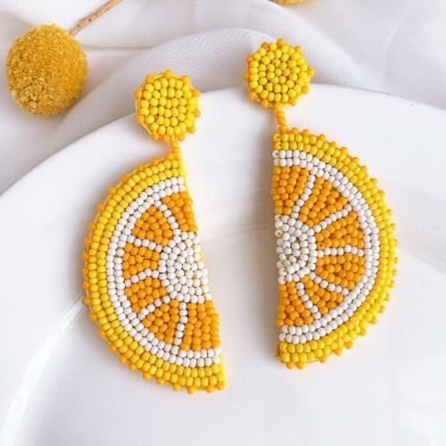 Cute Yellow Lemon Drop Earrings for Women Jewelry Vacation Beach Handmade Bead Fruit Crystal Flower Earrings Christmas Gift