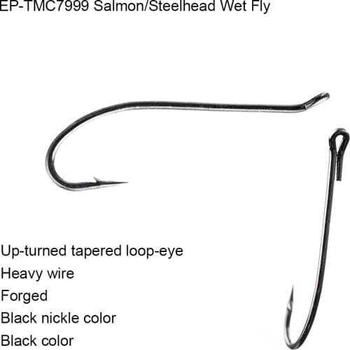100pcs Eupheng EP-TMC7999 Salmon Steelhead Wet Fly Fishing Hook Black Nickle Up-turned Tapered Loop Eye L