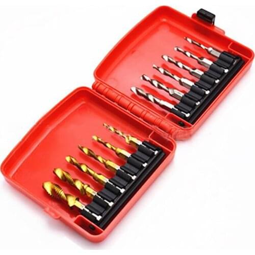 12pcs/Set M3-M10 Metric & Inch Hex Shank Screw Thread Compound Tap Twist Drill Bits, With Box, High Speed Titanium Plated HSS