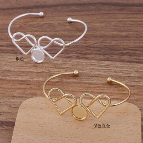 20pcs Double Heart Silver color Gold Plated Bangle Base Bracelet Blank Findings Tray Bezel Setting 12mm Cabochon Cameo