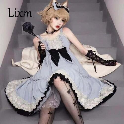 Blue Japanese Lolita JSK Cake Dress Lace Cool Victorian Sweet Lolita Daily Dark Style Sling Dresses