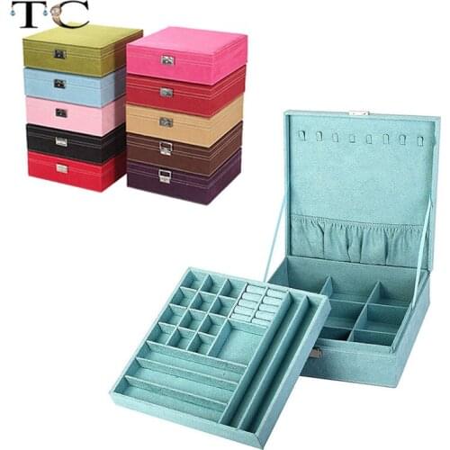 Square Jewelry Box Large Flannel Double Layers Makeup Organizer Ring Necklace Storage Organizer Jewellry Box