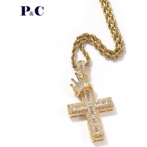 Fashion Female Crown Cross Pendants Gold Color Zircon Jesus Cross Pendant Necklace Jewelry For Men/Women Drop Shipping