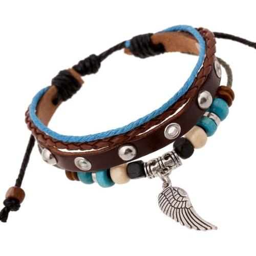 Fashion Punk Alloy Wing Bracelet Multilayer Leather Wrap Retro Beads Round Rivets Charm Bangle Wristbands Unisex Vintage Jewelry