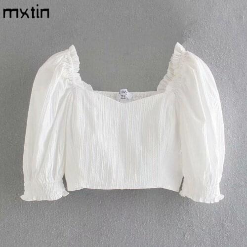 MXTIN 2020 Women Summer Vintage White Cropped Blouses Fashion Square Collar Puff Sleeves Female Shirts Blusas Cute Tops
