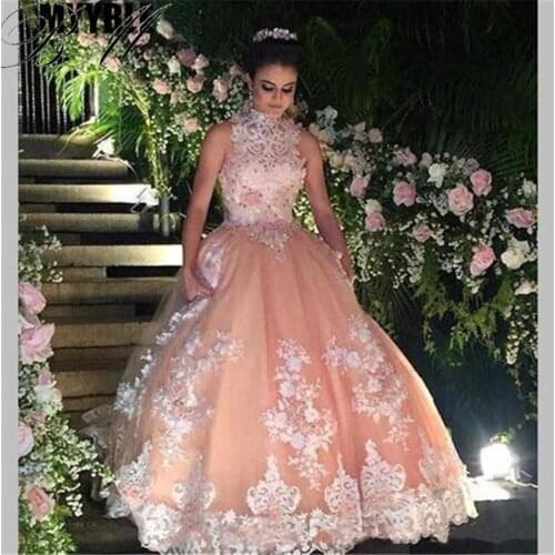 Peach Organza Quinceanera Dresses 2021 New High Neck Sleeveless Lace Appliqued Beaded Ball Gown Sweet 16 Vestidos De 15 Anos