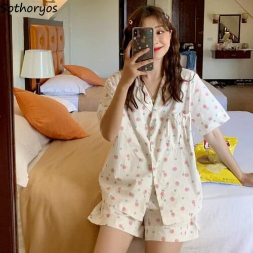 Pajama Sets Women Loose Princess Sleepwear Casual Summer Two Piece Set Kawaii Soft Harajuku Turn-down Collar Lounge Wear Woman
