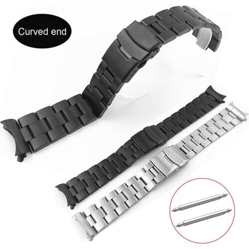 Curved Ends 20mm 22mm Solid Stainless Steel Watch Band Link Bracelet Wrist Watchband Men Replacement Watch Strap with Pins