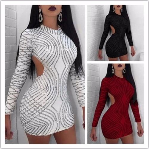 Pop club sexy white fashion sequins long-sleeved open-back dress