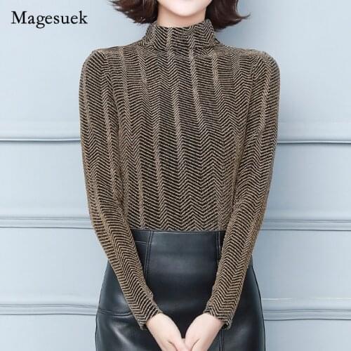 Bright Silk Half High Collar T-shirt Women 2021 Autumn New Fashion Blouse Elegant Striped Elastic Slim Tops Female Blusas 16732