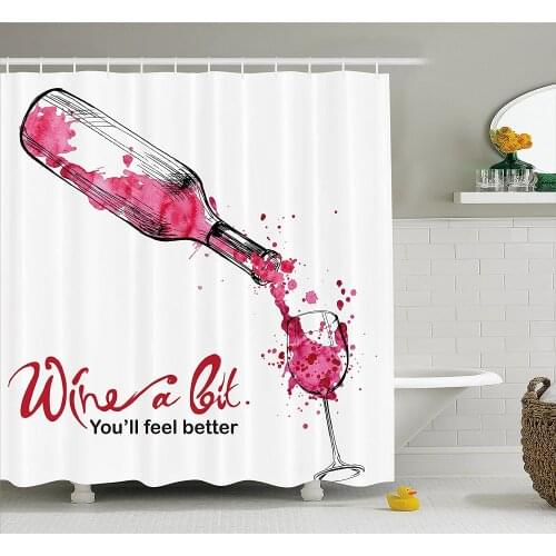 Wine Shower Curtains Wine a Bit You Feel Better Inspirational Quote Bottle Pouring Sketch Art Bathroom Curtain Bath Mat