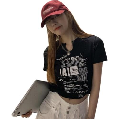 Women V Neck Letter Print T-Shirts Summer Short Sleeve Exposed Navel Slim Tee Shirt Casual Tops