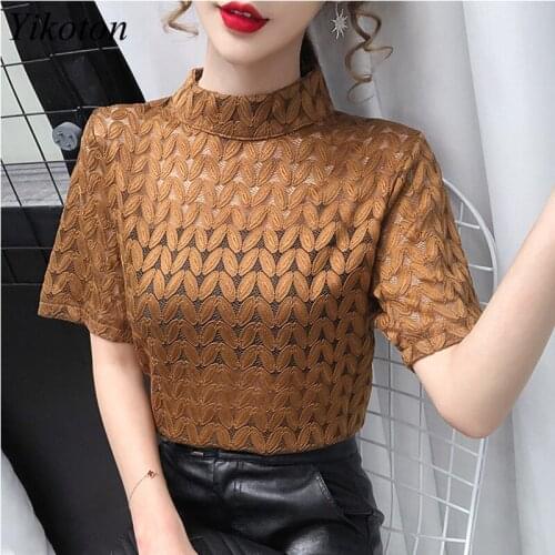 Turtleneck Cotton Womens T-shirts Fashion Hollow Out Summer Clothes For Women T-shirt With Short Sleeve Tops 2021T shirt Female