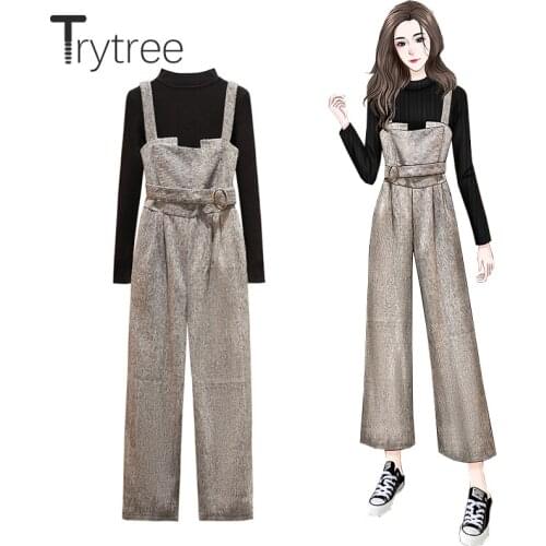 Trytree 2020 Winter Two Piece Women Sets Casual Elastic Basic Sweater + Belt Wide Leg Jumpsuit Pockets Office Lady 2 Piece Suit