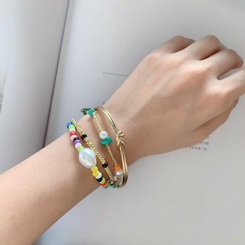 Bohemian Womens Multi Layer Polymer Clay Acrylic Seeds Beaded Bracelet Fashion Imitation Pearl Letter String Beads Femme Bangle