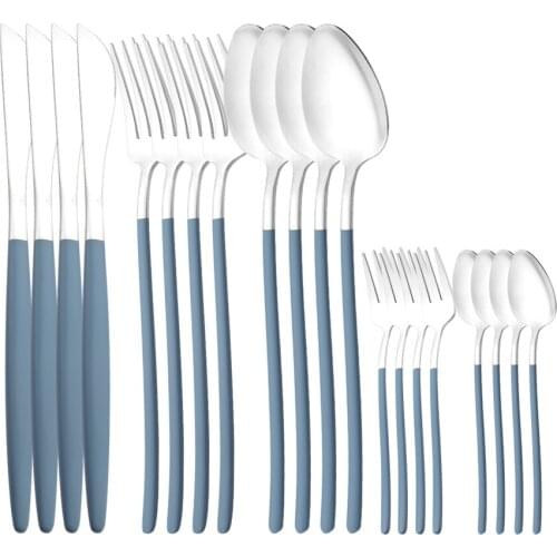 20Pcs/4Set Dinner Matte Blue Silver Dinnerware Cutlery Set 304 Stainless Steel Knife Cake Fork Spoon Tableware Flatware For Home
