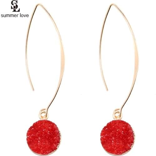2020 New Round Druzy Earrings for Women Trendy Silver Color Pink Crystal Resin Stone Long Dangle Drop Earring Designer Jewelry