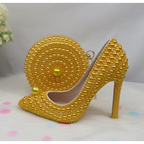 BaoYaFang Yellow Pearl women wedding shoes with matching bags Bride High heels ladies party dress shoes woman Pointed Toe Pumps