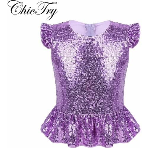 Children Kids Girls Mermaid Costume Sparkly Sequins Short Flutter Sleeves Peplum Top for Halloween Carnival Birthday Theme Party