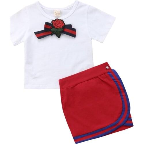 Emmababy 2019 Fashion Toddler Kids Baby Girls Bow Flower Tie Tops T-shirt Skirts Outfits Set