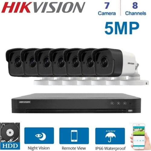 Hikvision 8CH DS-7208HUHI-K1/E DVR video Surveillance and 7-Piece CVI/TVI/AHD/CVBS 5MP 4 in 1 camera night vision kit