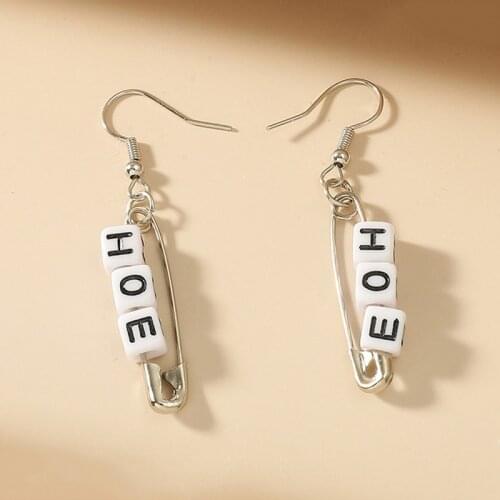 Creative Punk Safty Pin Earrings Hip Hop Letter HOE Butterfly Colorful Beads Earrings For Women Men Fashion Jewelry