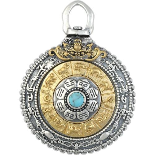 Pure Silver Pendant of the twelfth zodiac sign Wenshu Nine Palaces and Eight Diagrams can revolve Tibetan Buddhist supplies