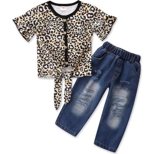 2021-04-12 Lioraitiin 1-6Years Toddler Baby Girl Summer Fashion Clothing Short Sleeve Leopard Printed Top Demin Long Pants