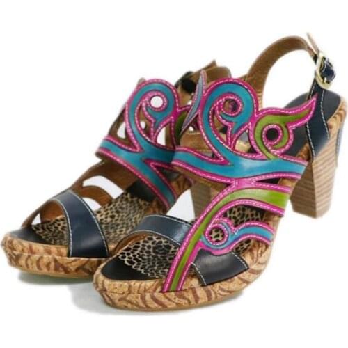 Fashion 6-8CM Thick High heel Women Sandals Shoes Women Genuine Leather Buckle Strap printing flower Classics shoes for women