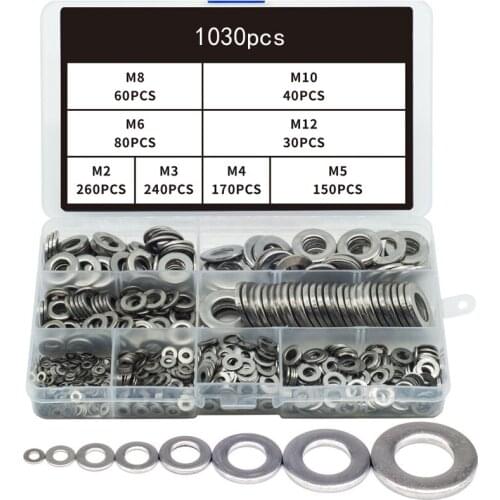 1030pcs Flat Washers M2 M3 M4 M5 M6 M8 M10 M12 Stainless Steel Washer Kit Metal Gaskets Washers Set For Screw Bolt