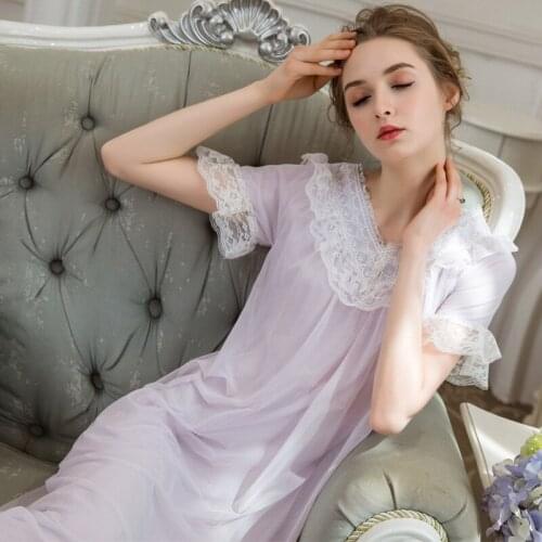 Sleeping Dress Lady Summer Palace Princess Modal Short Sleeve Nightgown Cotton Long Dress Sweet Classical Lace Sleepdress H5574