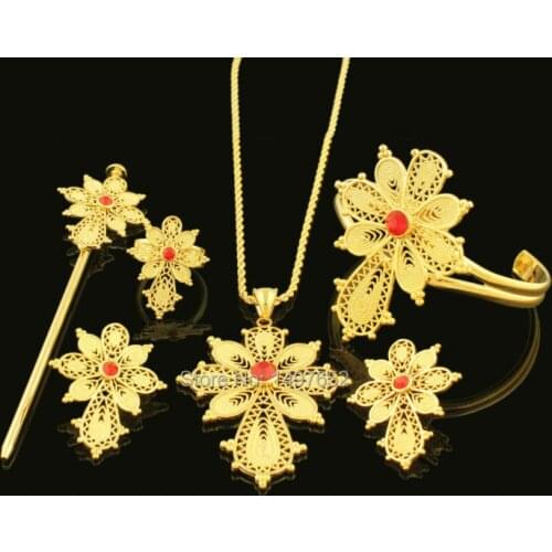 Newest Ethiopian Cross Necklace/Pendant/Bangle/Earring/Ring/Hairpin . Gold Color Habesha Jewelry African bridal jewelry sets
