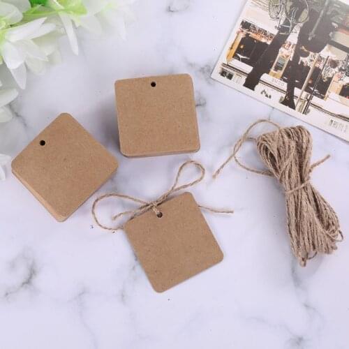 2021 New 100pcs Blank Square Kraft Paper Gift Hang Tags Wedding Label Price Card Craft with 10m Jute Twine