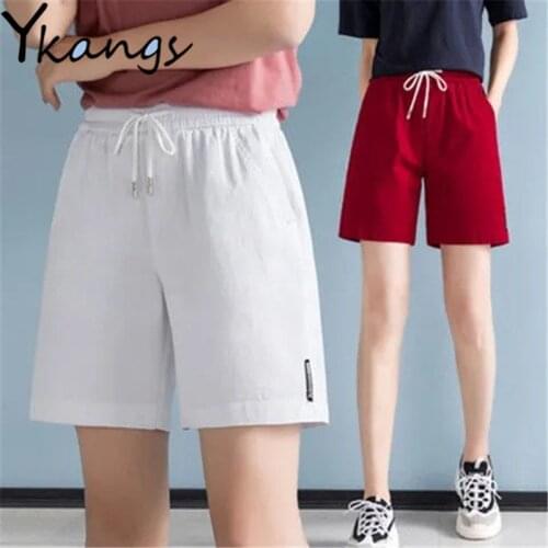 Elastic High Waist Solid Brown Color Casual Middle Shorts Ladies Fashion High Loose Harajuku Short Plus Size Woman Clothing Chic