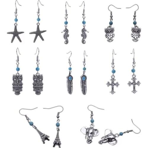 8 Styles Charming Tibetan color tone Alloy Green Stone Dangle Earring Owl Cross Tower Feather Drop Earrings Christmas Gift