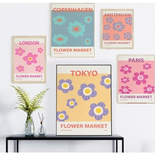 Nordic Abstract Flower Market Tokyo London Paris Canvas Posters Pink Yellow Wall Art Prints Painting Interior Decor Pictures