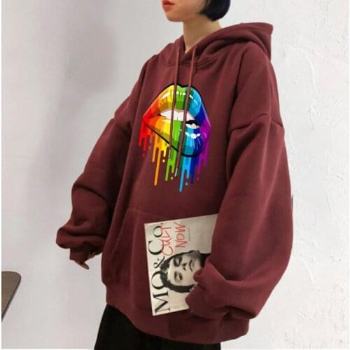 Woman Sweatshirt Sexy Lip Print Flower Pattern Autumn Winter Street Wear Dating Outwear Sudadera Mujer Hooded Tops Warm Pocket H