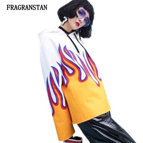 2019 Women Fashion Spring Autumn Harajuku Hoodies Female Letter Flame Printed Personality Top High Quality Casual Pullovers Q601