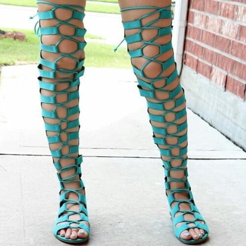 New fashion green suede woman boots 2019 sexy open toe lace-up thigh high boots Rome style over the knee flat sandal