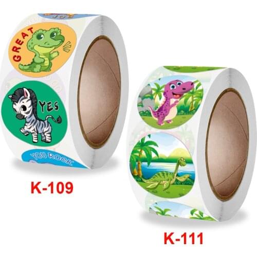 500pcs/roll Cute Dinosaur 8 Designs Encourage Labels for Kids Toy 1 inch Round Sticker Animals Reward Sticker English Words