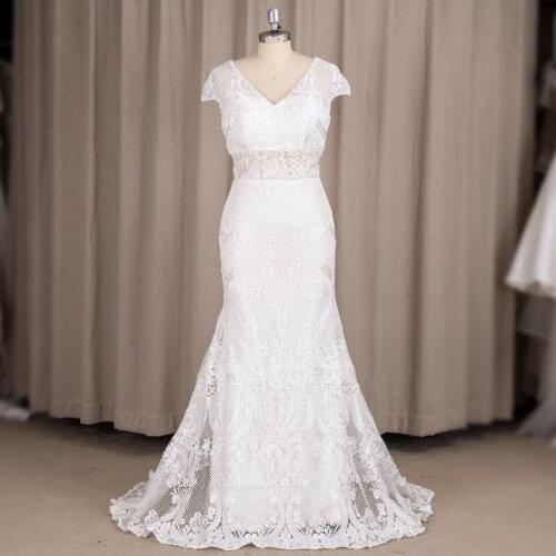 #9221REAL PHOTOS BY FANWEIMEI V-Neck Cap Sleeve Sheath Backless Lace Wedding Dress Bridal Gowns with Small Train